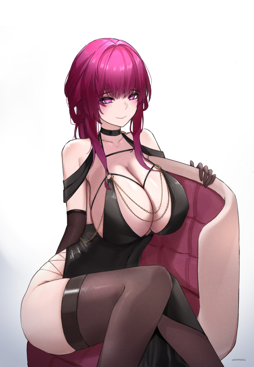 1girl, absurdres, alternate_breast_size_(larger), bare_shoulders, black_choker, black_dress, black_gloves, black_thighhighs