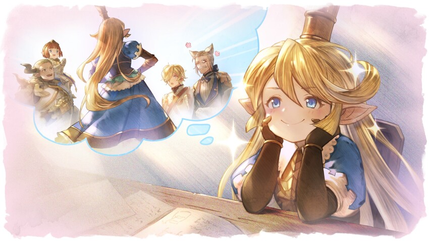 2boys, 3girls, animal_ears, baotorda, blonde_hair, blue_eyes, bridgette_(granblue_fantasy), charlotta_(granblue_fantasy)