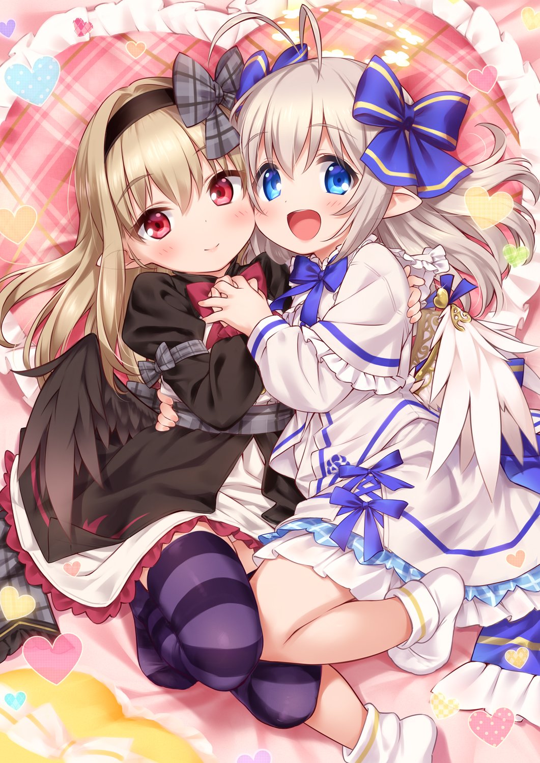 2girls, :d, angel_feather_alma, antenna_hair, black_dress, black_hairband, black_wings, blue_bow
