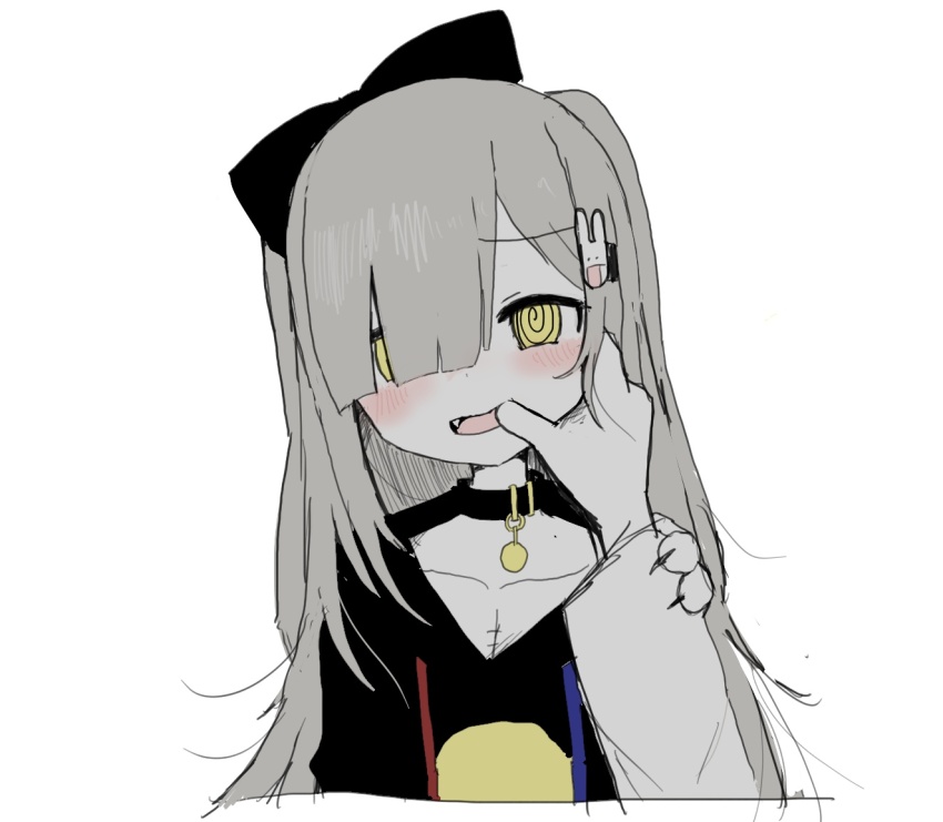 1girl, @_@, blunt_bangs, blush, collar, fang, finger_in_another's_mouth, grey_hair