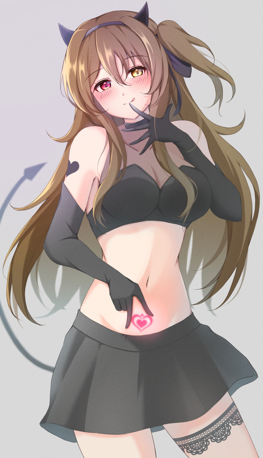 1girl, 7-mzk, :q, absurdres, arm_tattoo, assault_lily, bare_shoulders, black_gloves