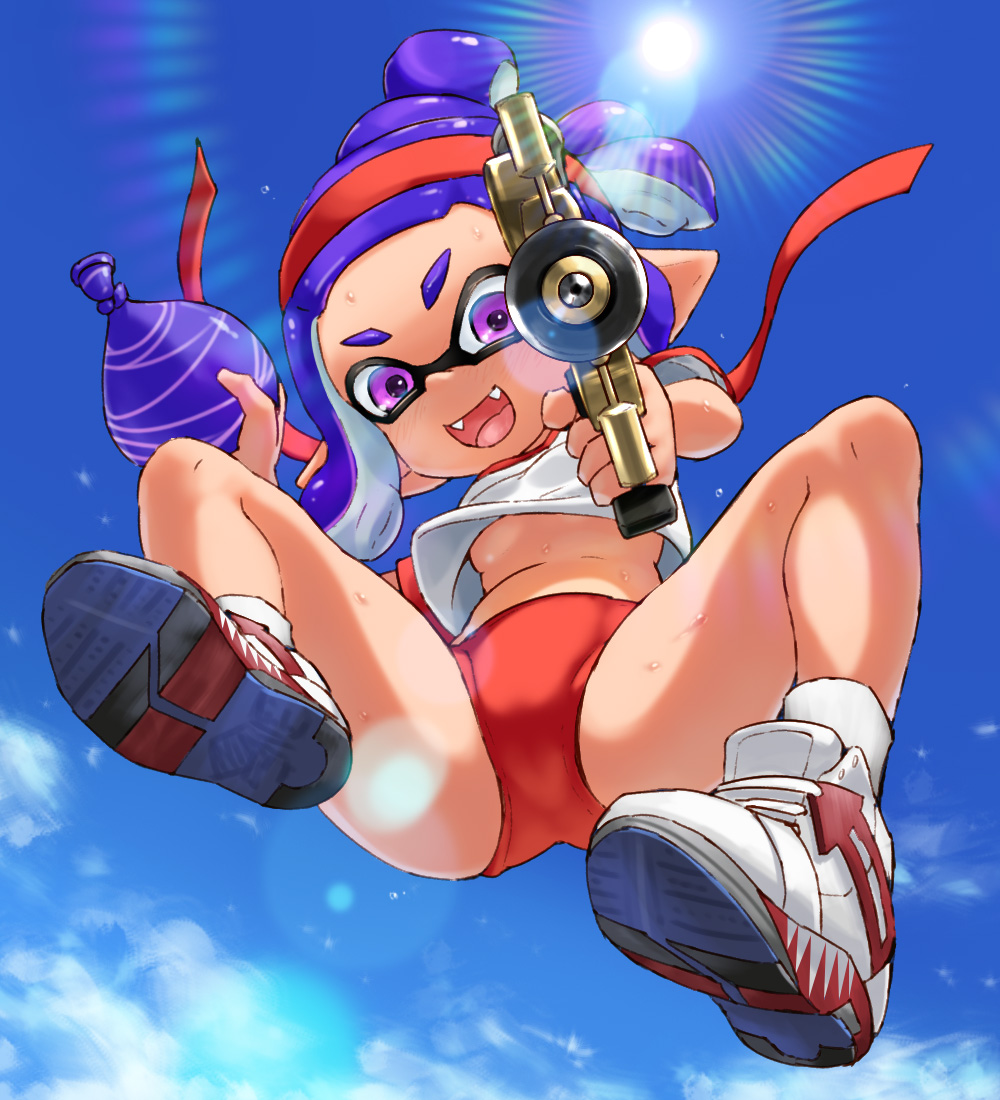 1girl, :d, aiming, aiming_at_viewer, blue_sky, blush, breasts, burst_bomb_(splatoon), buruma, clothes_lift, commentary, english_commentary, fangs, full_body, gym_shirt, gym_uniform, hair_bun, hairband, holding, holding_weapon, ikachangenema, inkling, inkling_girl, inkling_player_character, lens_flare, midair, mixed-language_commentary, multicolored_shoes, nintendo, open_mouth, paid_reward_available, pointy_ears, purple_eyes, purple_hair, red_buruma, red_hairband, shirt, shirt_lift, shoes, short_sleeves, sky, small_breasts, smile, sneakers, solo, splash-o-matic_(splatoon), splatoon_(series), stomach, suction_cups, sweat, tentacle_hair, underboob, v-shaped_eyebrows, weapon, white_shirt, white_shoes