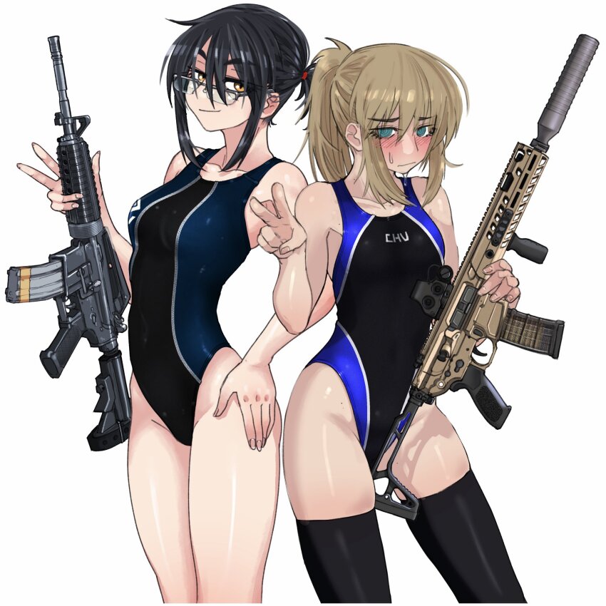 2girls, black_hair, black_one-piece_swimsuit, black_thighhighs, blue_eyes, breasts, brown_eyes, cb_(c-board), clothes_writing, competition_swimsuit, glasses, gun, highres, holding, holding_gun, holding_weapon, long_hair, medium_breasts, multiple_girls, one-piece_swimsuit, original, ponytail, red_eyes, rifle, short_hair, simple_background, small_breasts, swimsuit, thighhighs, two-tone_swimsuit, weapon, weapon_request, white_background
