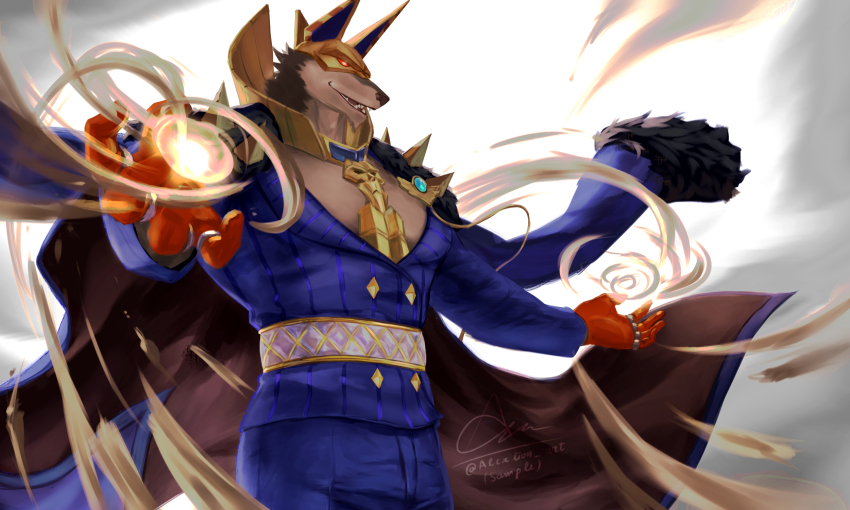 1boy, bara, blue_coat, coat, commentary, dislyte, english_commentary, fangs