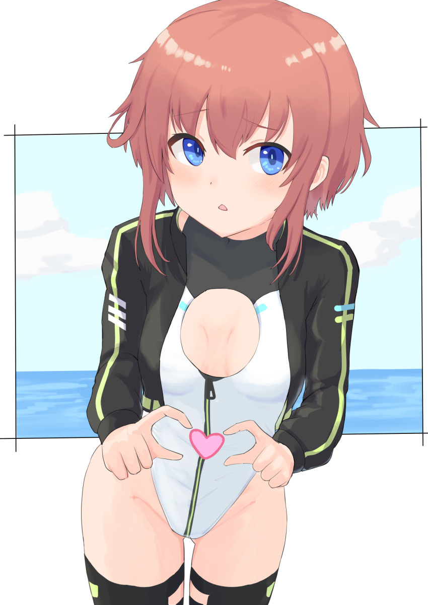 1girl, alice_gear_aegis, black_jacket, black_thighhighs, blue_eyes, brown_hair, circle_cutout, cleavage_cutout, clothing_cutout, companion/af, covered_collarbone, cowboy_shot, flat_chest, front_zipper, full-length_zipper, heart, heart_hands, heattech_leotard, highleg, highleg_leotard, highres, jacket, kanagata_sugumi, leaning_forward, leotard, looking_at_viewer, multicolored_leotard, okra_(osakimakkura33), race_queen, short_hair, sleeveless_turtleneck_leotard, thighhighs, turtleneck, two-tone_leotard, white_leotard, zipper, zipper_leotard, zipper_pull_tab