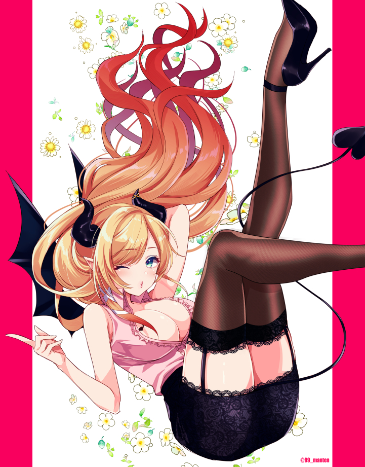 1girl, arm_behind_head, ass, black_footwear, black_skirt, black_thighhighs, black_wings, blonde_hair