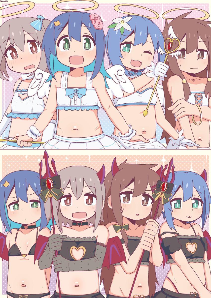 2boys, 2girls, ;3, ;d, absurdres, alternate_costume, angel, angel_and_devil, angel_wings, aqua_eyes, aqua_hair, bambi2000line, bare_arms, bare_shoulders, blue_hair, brown_eyes, brown_hair, cleavage_cutout, clothing_cutout, collarbone, colored_inner_hair, commentary, crossdressing, demon_costume, elbow_gloves, embarrassed, flat_chest, flower, fujimi_nemu, gloves, green_eyes, grey_gloves, grey_hair, groin, hair_between_eyes, hair_flower, hair_ornament, hairclip, halo, heart_cutout, highres, holding, holding_polearm, holding_wand, horns, long_hair, midriff, multicolored_hair, multiple_boys, multiple_girls, navel, one_eye_closed, onii-chan_wa_oshimai!, open_mouth, polearm, polka_dot, polka_dot_background, sakurada_yuuta, senkawa_minato, short_hair, simple_background, skirt, smile, strap_slip, tenkawa_nayuta, trap, trident, two-tone_hair, wand, wavy_mouth, weapon, white_gloves, white_skirt, wings, wrist_cuffs