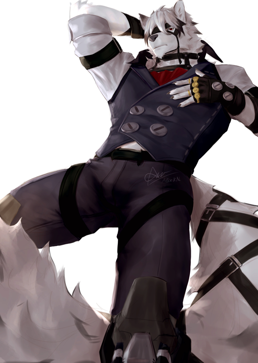 1boy, absurdres, animal_ears, arm_behind_head, arm_up, ascot, black_gloves, black_pants