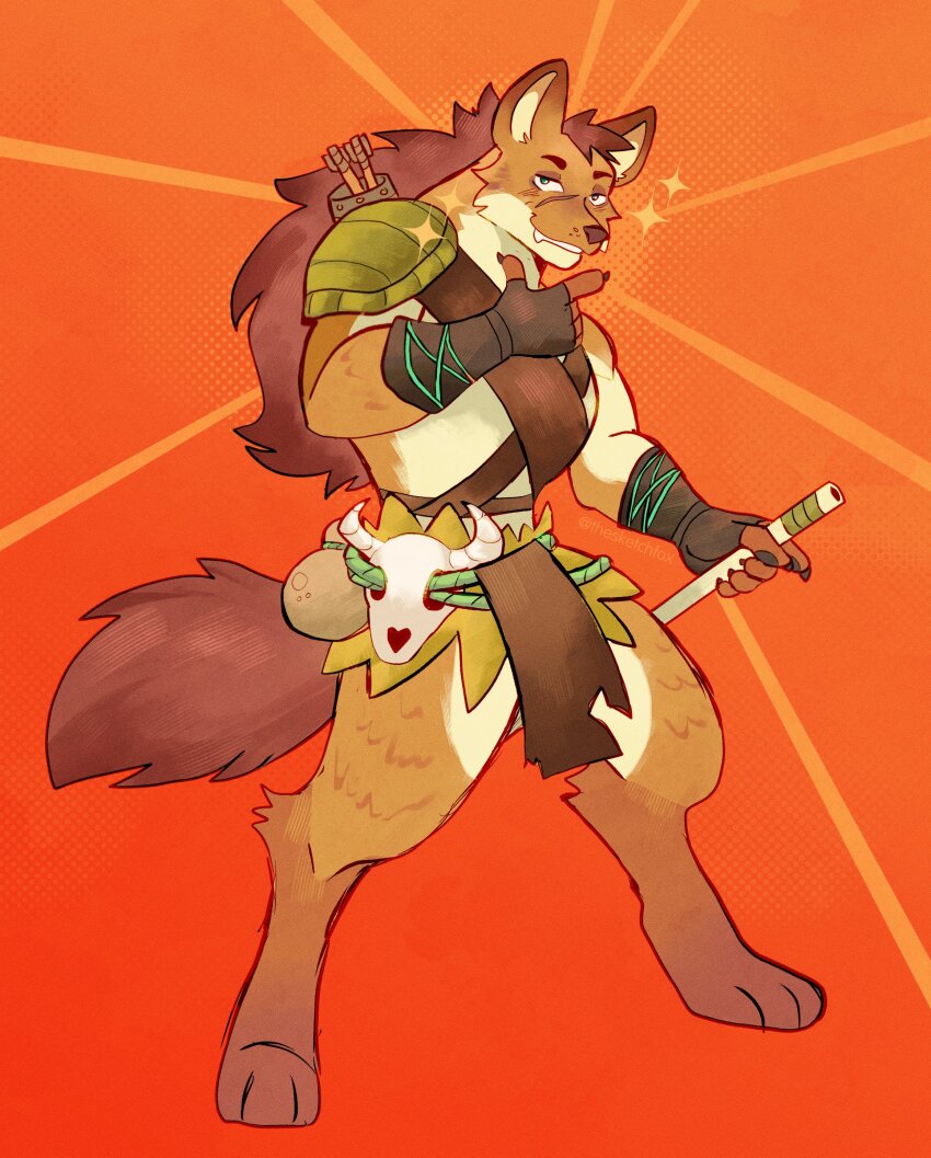 1boy, absurdres, afk_(series), afk_journey, blowgun, claws, commentary, digitigrade, english_commentary, fingerless_gloves, furry, furry_male, gloves, halftone, halftone_background, highres, holding, holding_weapon, hyena_boy, hyena_ears, hyena_tail, loincloth, looking_at_viewer, male_focus, odie_(afk_journey), orange_background, scar, scar_on_face, sparkle, thesketchfox, weapon