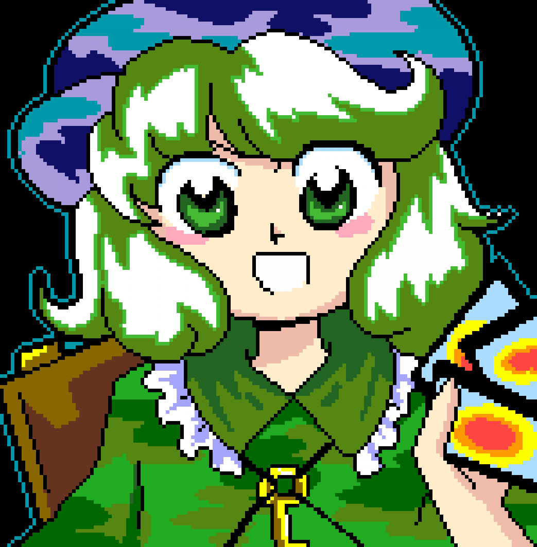 1girl, backpack, bad_id, bad_twitter_id, bag, black_background, blue_hat, blue_outline