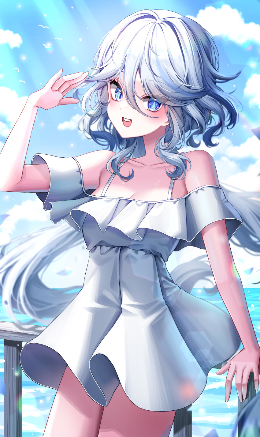 1girl, absurdres, bare_shoulders, blue_eyes, blue_hair, blue_sky, blush, breasts, cleavage, cloud, cowboy_shot, dress, fake_hair, floating_hair, furina_(genshin_impact), genshin_impact, hand_up, heterochromia, highres, light_blue_hair, long_hair, looking_at_viewer, nq_(nnq_q), off_shoulder, open_mouth, short_dress, sky, small_breasts, smile, solo, sundress, white_dress