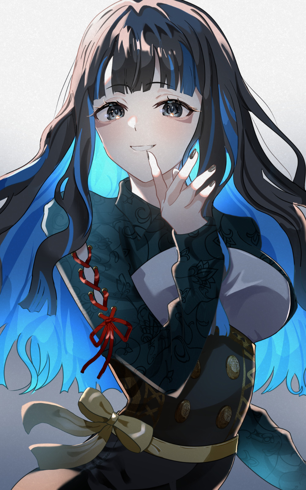 aztec, black_dress, black_hair, black_nails, blue_hair, colored_inner_hair, dress, eyeliner