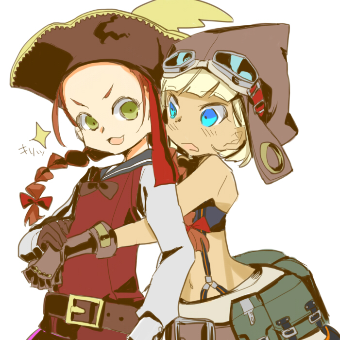 2girls, atlus, ballista_(sekaiju), ballista_2_(sekaiju), belt, blonde_hair, blue_eyes, bow, braid, etrian_odyssey, flat_chest, gloves, goggles, goggles_on_head, green_eyes, hat, hatsu_(racoo), hug, hug_from_behind, multiple_girls, navel, pirate_costume, pirate_(sekaiju), pirate_4_(sekaiju), pirate_hat, pouch, red_hair, sekaiju_no_meikyuu, sekaiju_no_meikyuu_3, short_hair, sparkle, suspenders