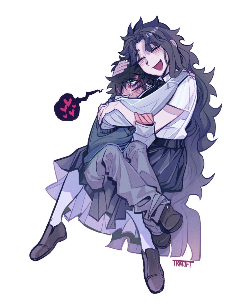 1boy, 1girl, assertive_female, blush, degrees_of_lewdity, green_eyes, hanstrmoft, hetero, highres, hug, kylar_(degrees_of_lewdity), player_character_(degrees_of_lewdity), school_uniform, white_background