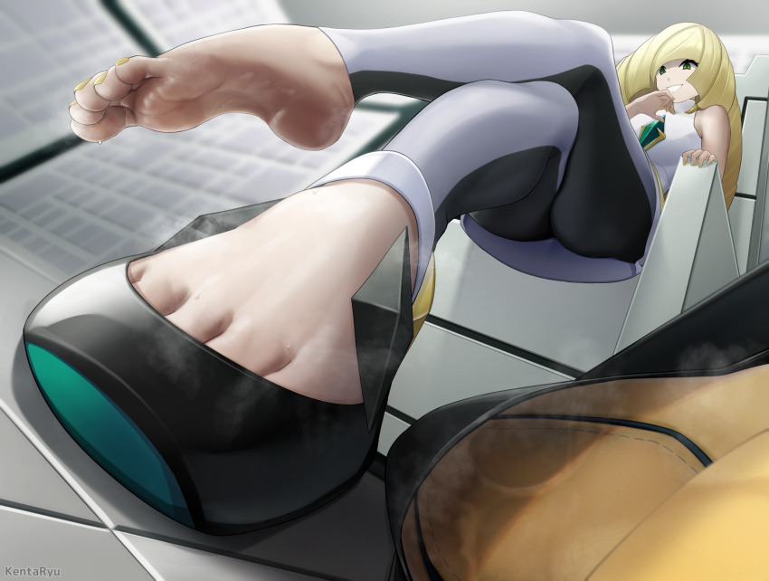 1girl, barefoot, blonde_hair, chair, crossed_legs, feet, foot_focus, green_eyes