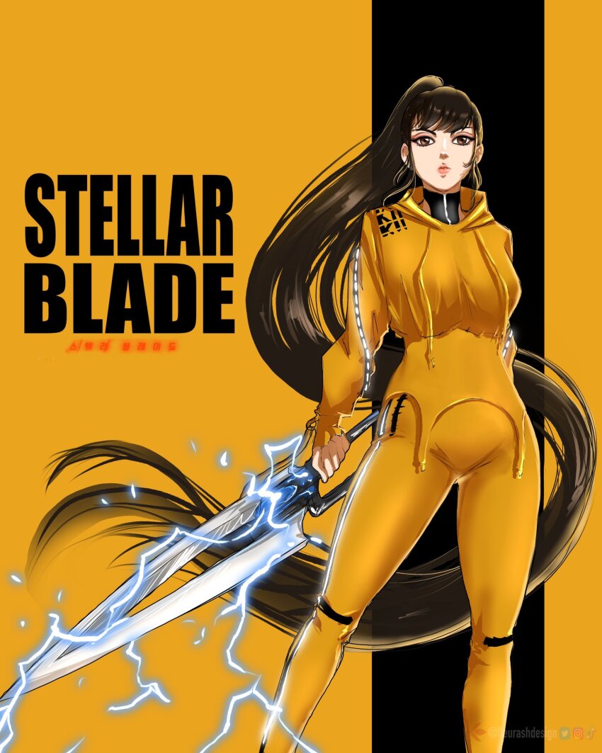 1girl, black_hair, blunt_bangs, bodysuit, breasts, brown_eyes, electricity, eve_(stellar_blade)