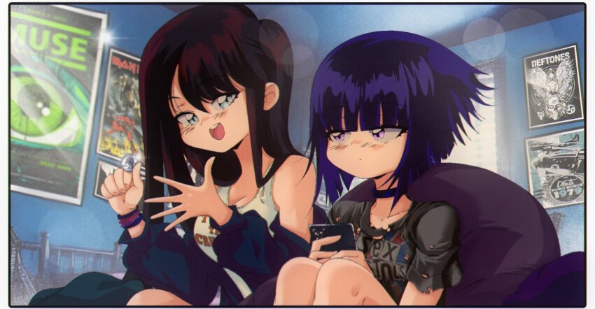 2girls, bad_id, bad_twitter_id, black_border, black_choker, black_hair, black_jacket, black_shirt