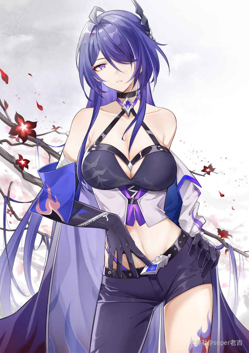 1girl, acheron_(honkai:_star_rail), armpit_crease, asymmetrical_pants, bandaged_arm, bandages, bare_shoulders, belt