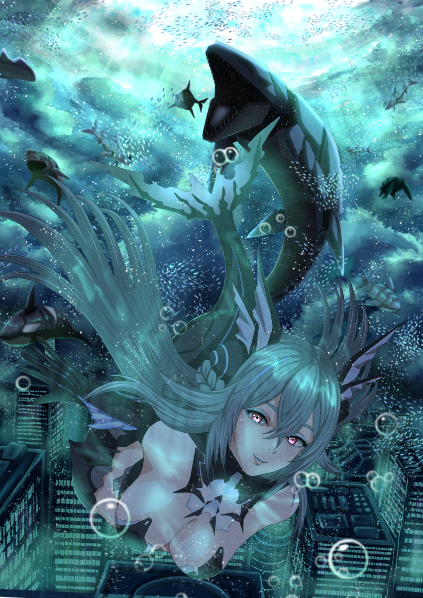 1girl, absurdres, adhesive_bra, aqua_hair, arm_fins, black_bra, black_collar, blue_hair