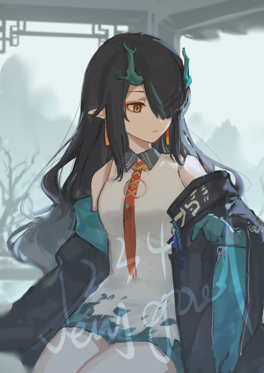1girl, absurdres, aqua_hair, aqua_jacket, arknights, bare_shoulders, black_hair, black_jacket