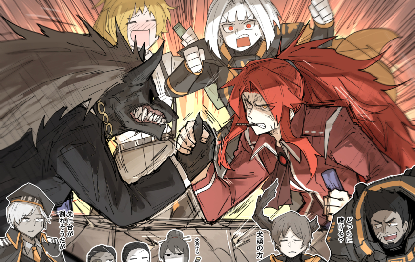 arm_wrestling, armor, black_hair, blonde_hair, broken_horn, brown_hair, cape, crack