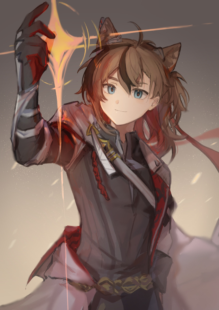 1boy, absurdres, animal_ears, arknights, arm_up, black_hair, black_shirt, blue_eyes