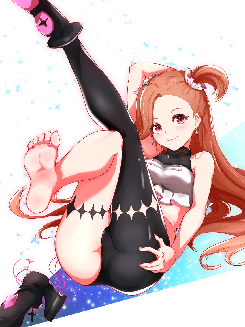 1girl, absurdres, barefoot, blush, brown_hair, feet, gems_company, highres