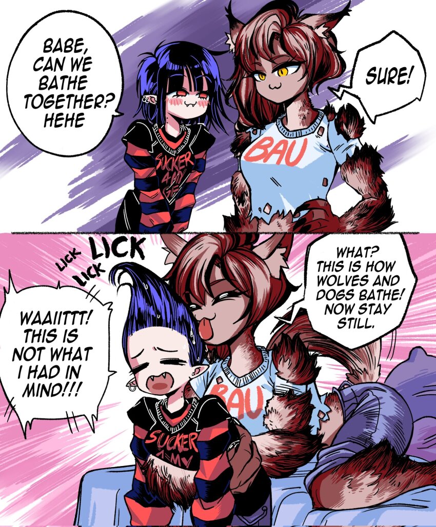 2girls, animal_ears, bed, black_hair, brown_hair, dog_ears, dog_tail, english_text