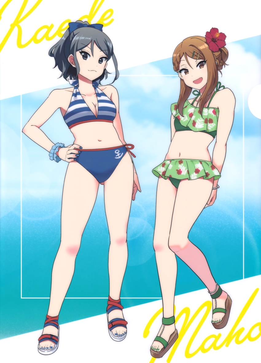 2girls, absurdres, arm_behind_back, bikini, black_hair, blue_eyes, bow, bracelet