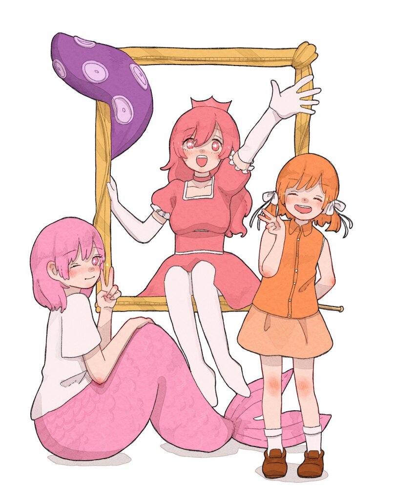 1000-nen_ikiteru_(vocaloid), 3girls, arm_behind_back, arm_up, blush, choker, closed_eyes, closed_mouth, creator_connection, dear_my_witchcraft_(vocaloid), dress, elbow_gloves, empty_picture_frame, facing_viewer, gloves, hand_up, highres, holding, holding_behind_back, long_hair, looking_at_viewer, medium_hair, mermaid, monster_girl, multiple_girls, one_eye_closed, open_mouth, orange_hair, orange_shirt, orange_skirt, pantyhose, picture_frame, pink_choker, pink_dress, pink_eyes, pink_hair, puffy_short_sleeves, puffy_sleeves, sabaku_(saba9), shirt, shoes, short_sleeves, simple_background, sitting, skirt, sleeveless, sleeveless_shirt, smile, socks, songover, standing, suishitai_ni_modoranaide_(vocaloid), t-shirt, tentacles, tiara, two_side_up, v, w, waving, white_background, white_gloves, white_pantyhose, white_shirt, white_socks