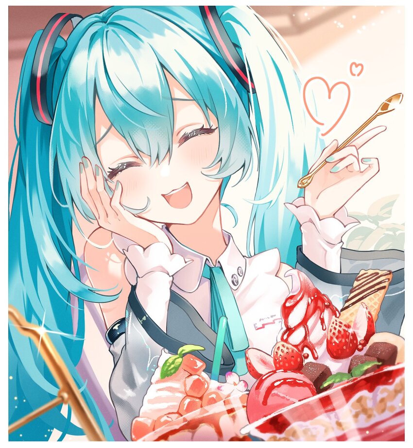 1girl, ^_^, aqua_nails, aqua_ribbon, blue_hair, blurry, blurry_background, blush