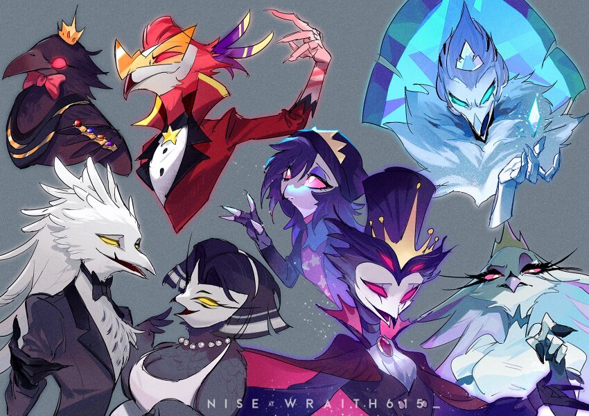 3girls, 4boys, andrealphus_(helluva_boss), bead_necklace, beads, beak, beanie, bird