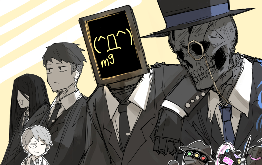 2girls, 6+boys, alloc_(project_moon), anger_vein, arm_on_another's_shoulder, bada_(project_moon), black_hair, bono_(project_moon)