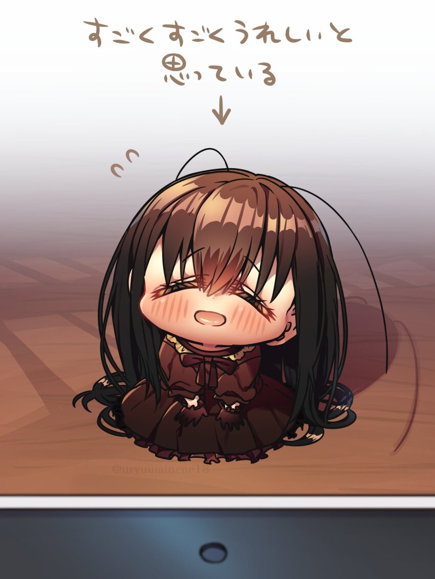 1girl, antenna_hair, arrow_(symbol), arthropod_girl, blush, bow, bowtie, brown_bow, brown_bowtie, brown_dress, brown_gloves, brown_hair, cabinet, chibi, closed_eyes, cockroach-chan_(harumina_mau), cockroach_girl, commentary_request, dress, flying_sweatdrops, frilled_dress, frilled_gloves, frills, furrowed_brow, gloves, hair_between_eyes, hands_on_own_knees, harumina_mau, head_tilt, highres, kneeling, long_hair, mini_person, minigirl, open_mouth, original, shadow, smile, translation_request, very_long_hair