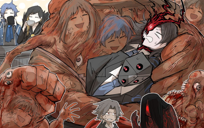 1girl, 3boys, binah_(project_moon), black_hair, blonde_hair, blood, blue_hair, brown_hair, chesed_(project_moon), coat, cup, dong-hwan_(project_moon), drinking, elena_(project_moon), extra_eyes, jae-heon, kankan33333, library_of_ruina, long_hair, monster, multicolored_hair, multiple_boys, project_moon, scar, scar_across_eye, scar_on_face, smile, sweatdrop, the_vermillion_cross, tomerry_(project_moon), two-tone_hair, waving