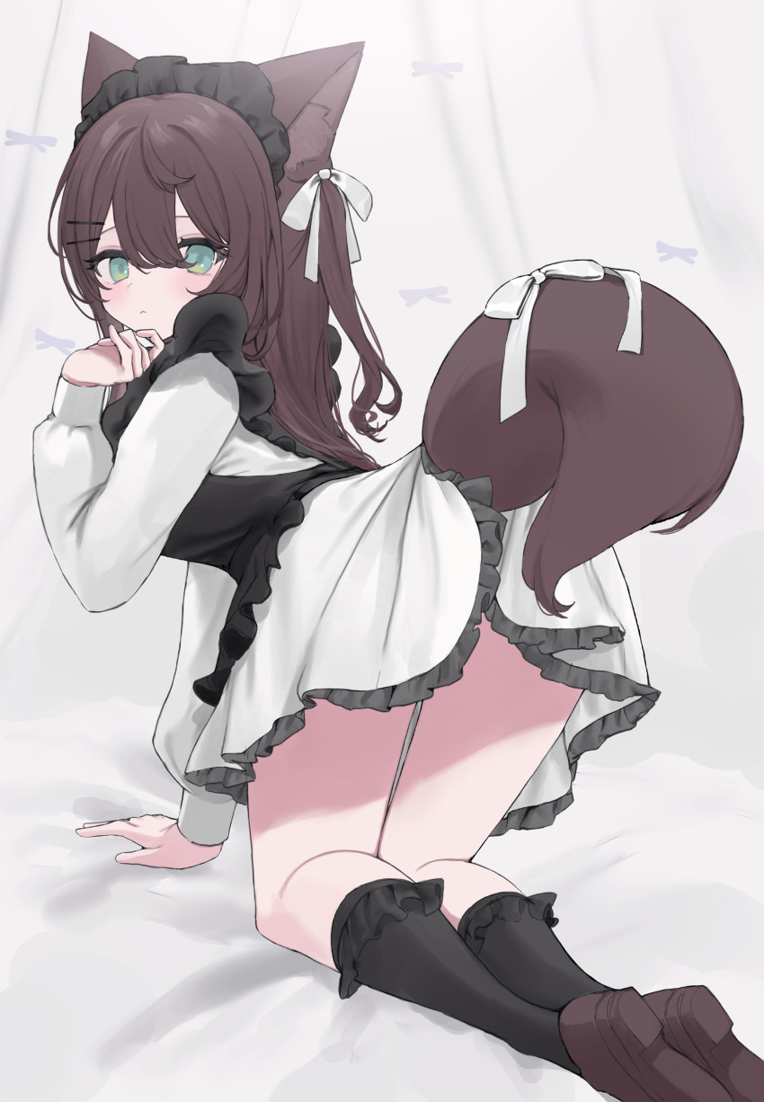 1girl, :<, absurdres, all_fours, animal_ear_fluff, animal_ears, apron, black_apron