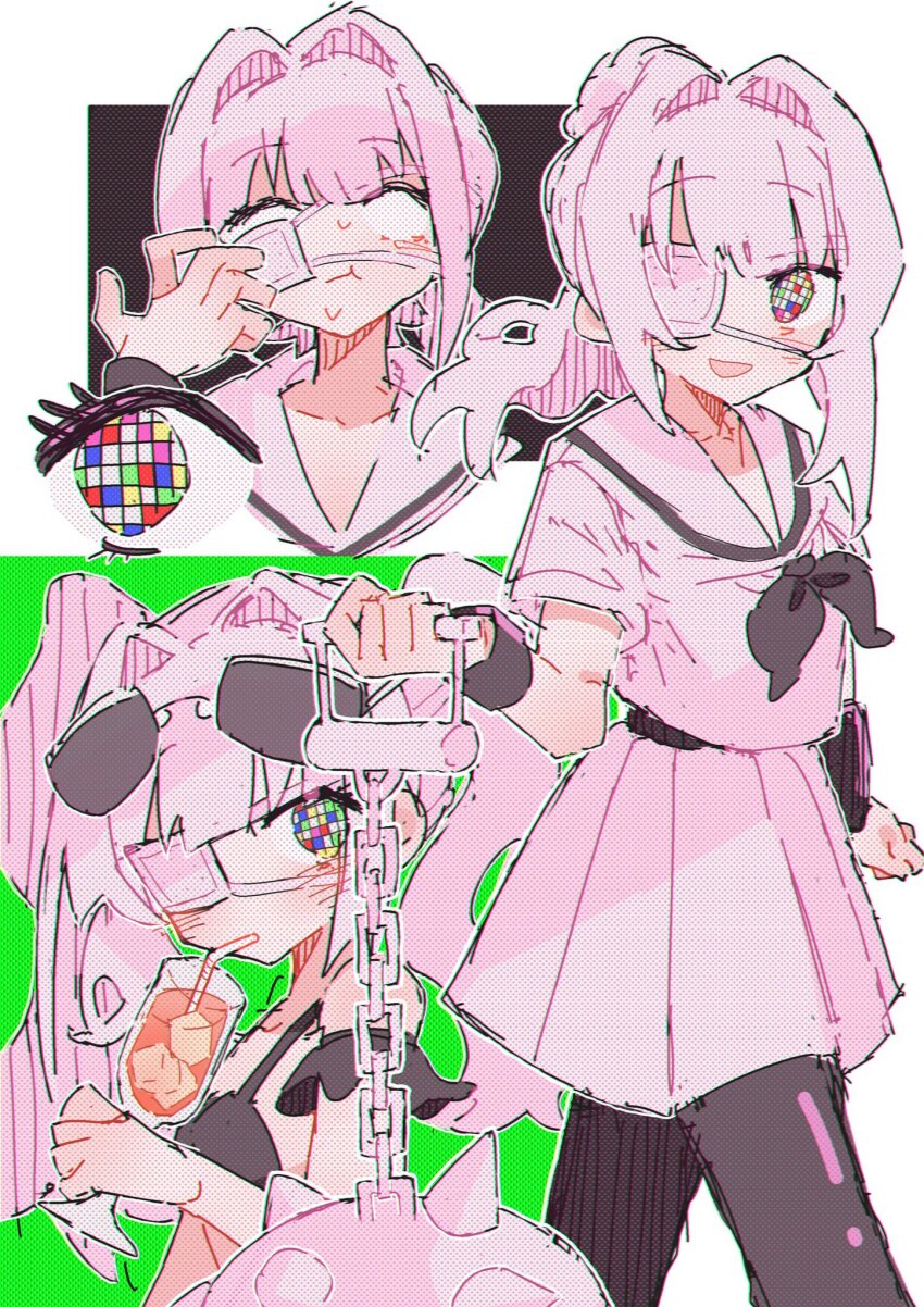 1girl, bikini, black_bikini, black_pantyhose, blank_eyes, blush, closed_mouth, commentary_request