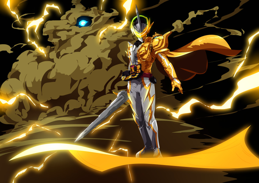 absurdres, armor, bodysuit, cape, cloud, elemental_(creature), fake_horns, full_armor