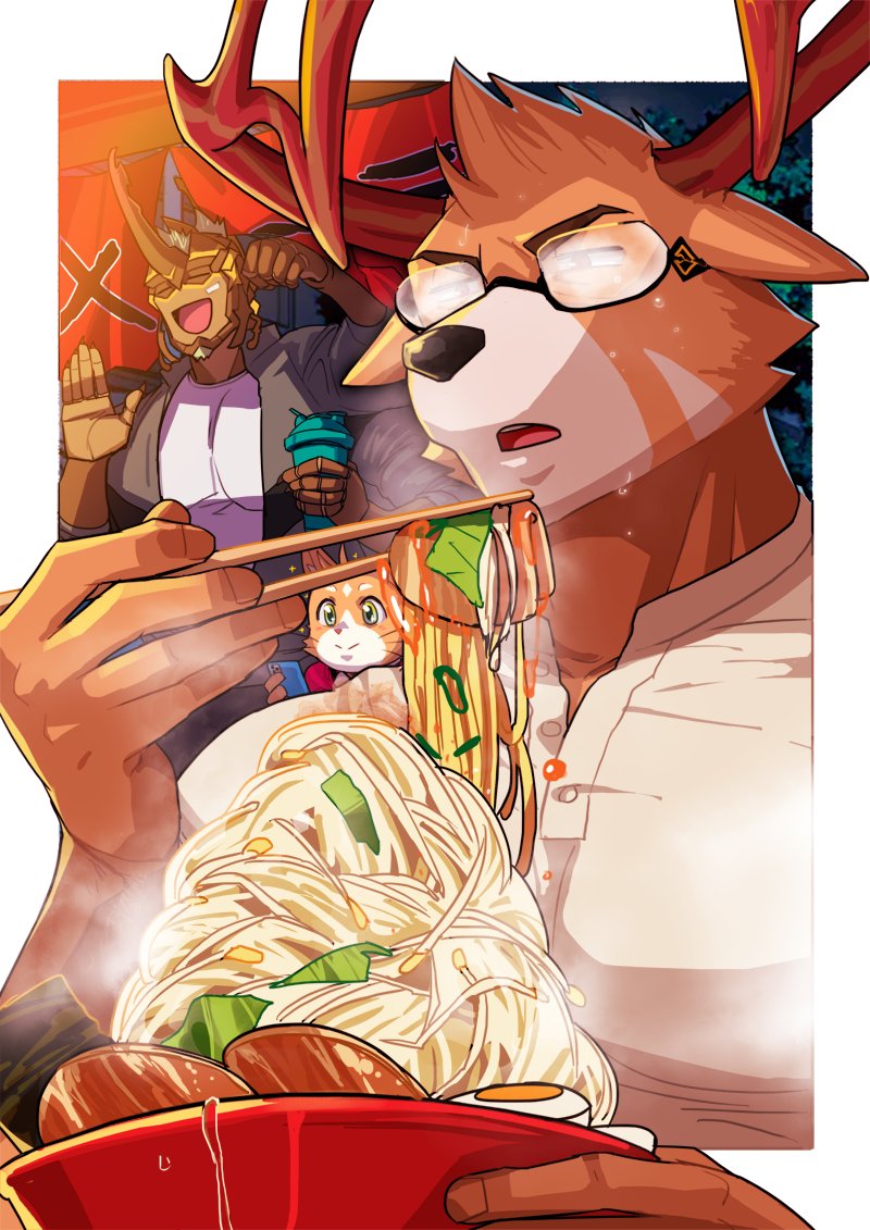 3boys, :d, absol_(dkqthf), animal_ear_fluff, animal_ears, another_eidos-r, antlers, arthropod_boy