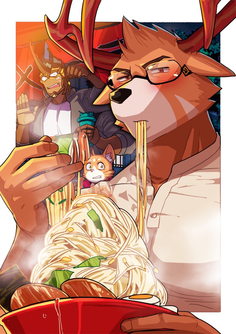 3boys, absol_(dkqthf), ai-generated_art_(topic), ai_drawing_anime_characters_eating_ramen_(meme), animal_ear_fluff, animal_ears, another_eidos-r, antlers