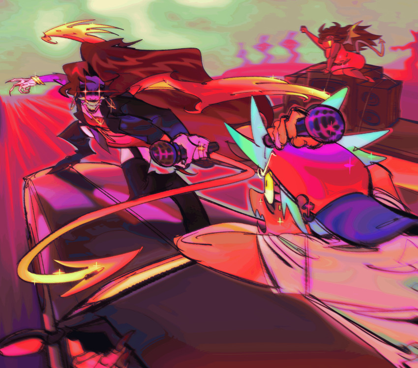 1boy, 2girls, absurdres, blue_hair, boyfriend_(friday_night_funkin'), brown_hair, deerrrvi, demon_girl