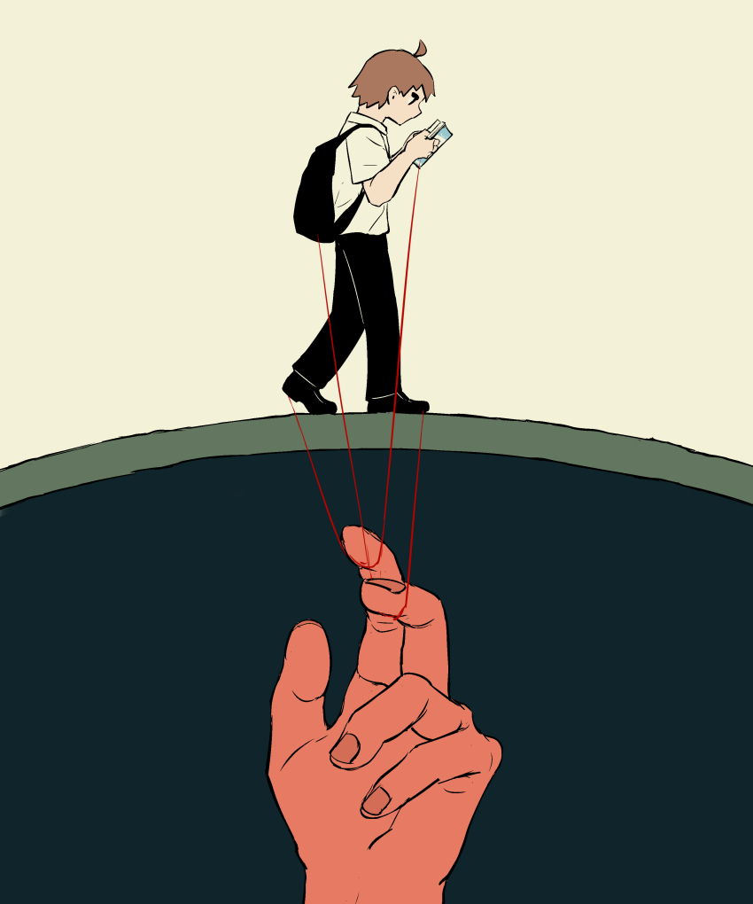 1boy, 1other, absurdres, ahoge, ambiguous_gender, avogado6, backpack, bag