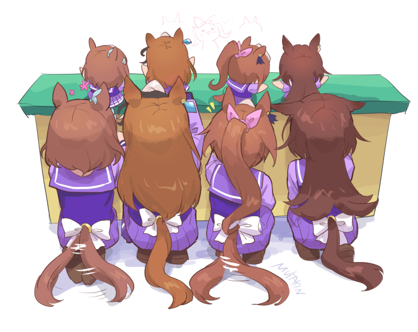 5girls, agnes_digital_(umamusume), animal_ears, artist_name, bow, brown_hair, character_doll, clothing_cutout, commentary_request, doll, ear_ornament, earrings, ears_down, holding, holding_doll, horse_ears, horse_girl, horse_tail, jewelry, long_sleeves, mukakin, multiple_girls, pink_bow, pleated_skirt, puppet, puppet_show, purple_serafuku, purple_shirt, purple_skirt, sailor_collar, school_uniform, serafuku, shirt, simple_background, single_earring, sirius_symboli_(umamusume), skirt, symboli_rudolf_(umamusume), table, tail, tail_through_clothes, tail_wagging, tokai_teio_(umamusume), tracen_school_uniform, tsurumaru_tsuyoshi_(umamusume), umamusume, white_background, white_bow, winter_uniform