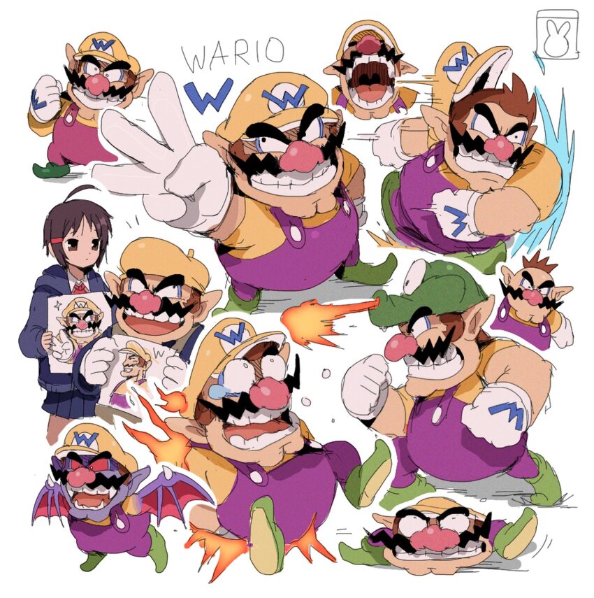 1boy, 1girl, adeleine, bat_wario, bendedede, beret, black_hair, brown_hair, burning, cleft_chin, dragon_wario_(wario_land), facial_hair, fire, flaming_wario, flat_wario, gloves, green_shoes, grin, hat, highres, kirby_(series), multiple_views, mustache, nintendo, open_mouth, overalls, pointy_ears, purple_overalls, shirt, shoes, smile, tiny_wario, vampire, wario, wario_land, wario_land:_super_mario_land_3, wario_land_4, white_gloves, yellow_hat, yellow_shirt