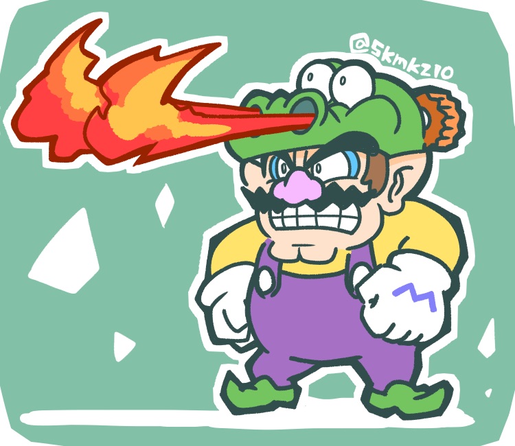 1boy, animal_hat, artist_name, cleft_chin, clenched_hands, dragon_wario_(wario_land), facial_hair, fire