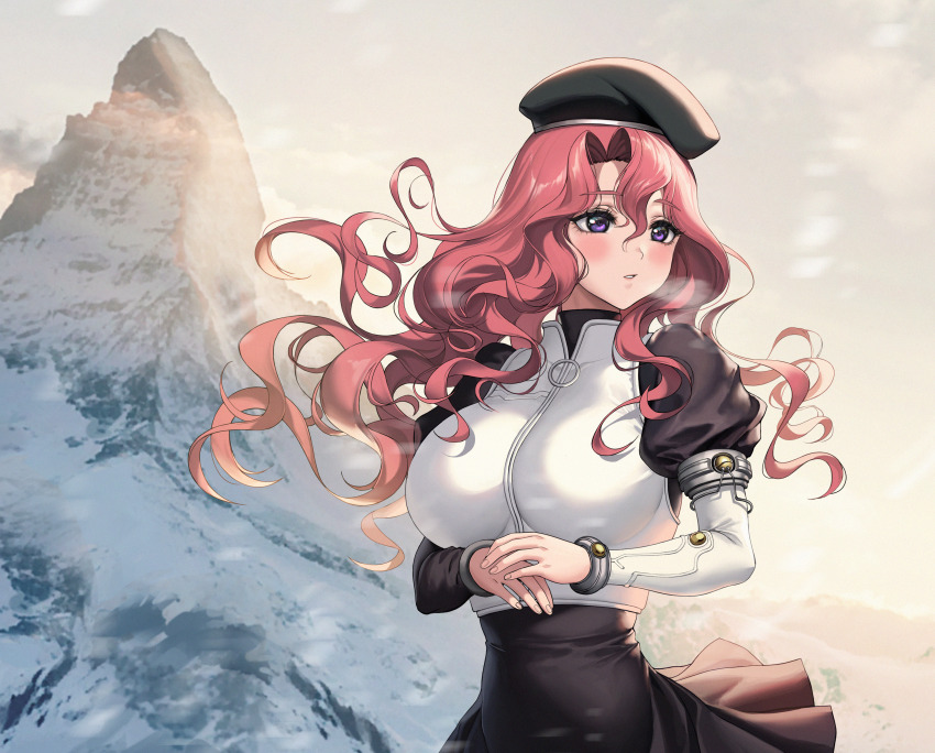 1girl, 2v_(joyeong), absurdres, alternate_breast_size, black_hat, blush, breasts, day