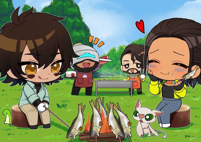 2boys, 2girls, absurdres, akirai_(akry555), animification, apex_legends, apron, assault_visor, bandana, beard, black_footwear, black_gloves, black_pants, blue_pants, blue_shirt, brown_eyes, brown_hair, brown_pants, brown_shirt, collared_shirt, conduit_(apex_legends), dark-skinned_female, dark-skinned_male, dark_skin, eating, echo_(apex_legends), facial_hair, fingerless_gloves, fish, freckles, gloves, grass, grey_bandana, grey_pants, helmet, highres, jacket, licking_lips, mirage_(apex_legends), multiple_boys, multiple_girls, nessie_(respawn), newcastle_(apex_legends), orange_apron, orange_shirt, pants, park, red_apron, shirt, skewer, smile, tongue, tongue_out, tree, vantage_(apex_legends), white_footwear, white_gloves, yellow_jacket