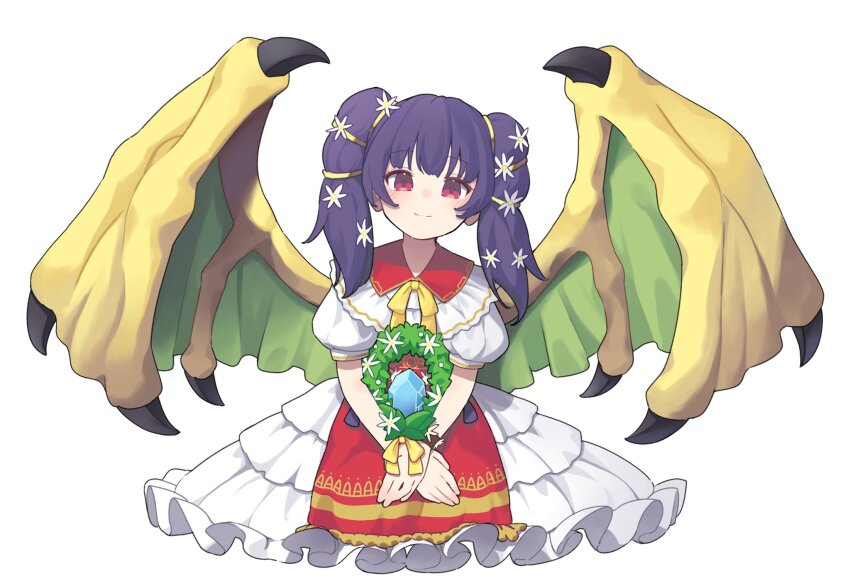 1girl, blunt_bangs, closed_mouth, commentary_request, dragon_wings, dragonstone, dress, fire_emblem
