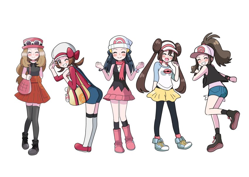 5girls, ;d, arm_behind_back, bag, bare_shoulders, black_dress, black_footwear, black_hair