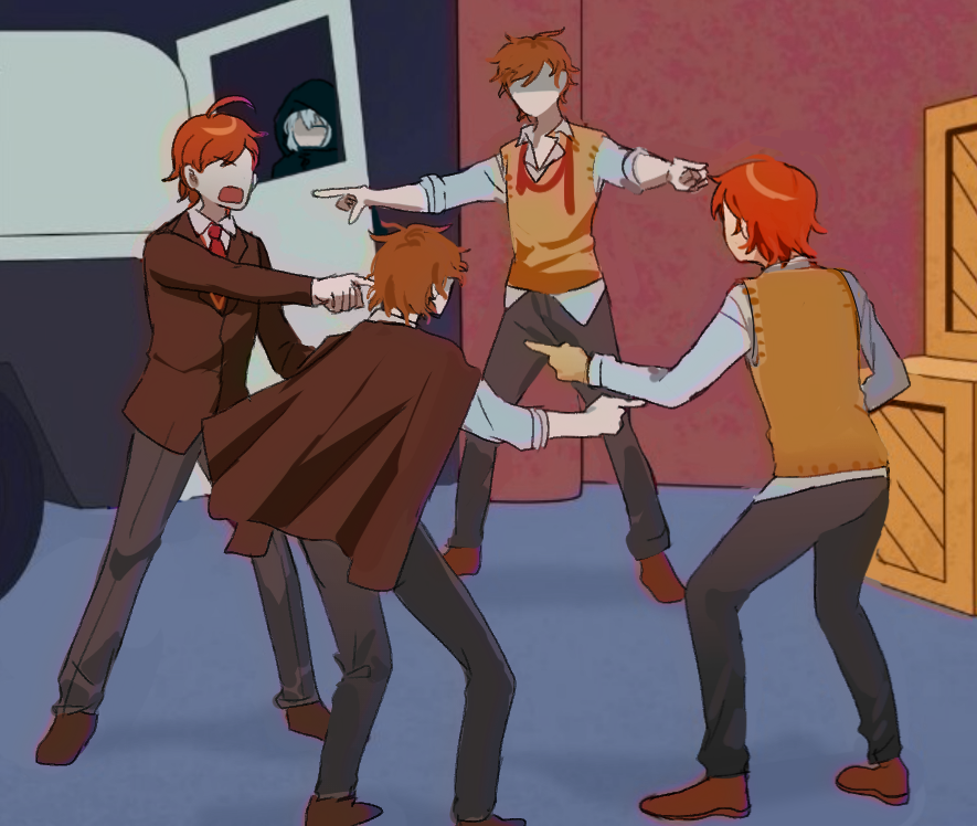 ahoge, black_cloak, black_hood, blazer, box, brown_footwear, brown_jacket, brown_sleeves